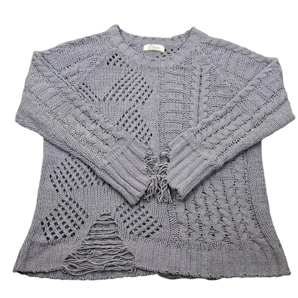 Elan Grey Cable Chunky Knit Fringe Detail Front Sweater Size Medium